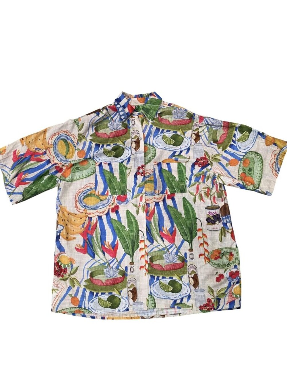 Farm Rio fresh table Tropical Fruit Print Hawaiian Button-Down Shirt Size M